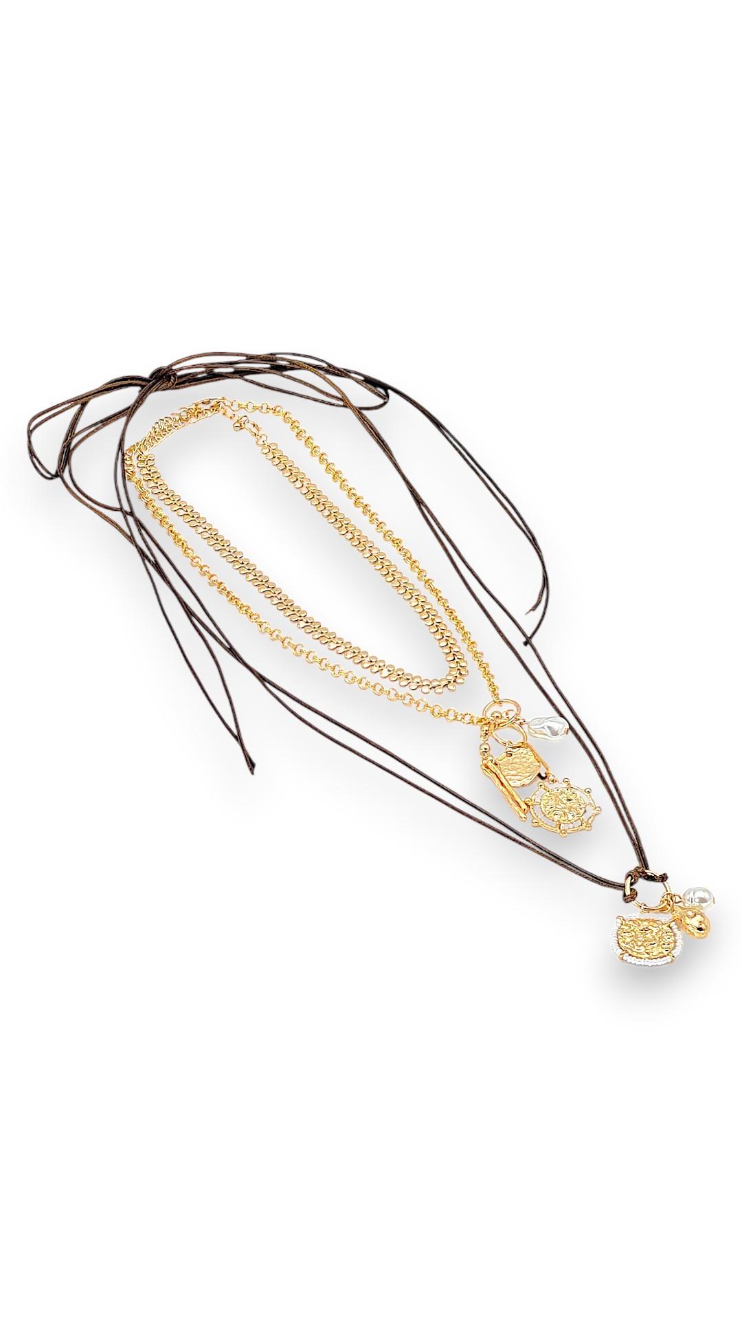 Üç Boy Deri Detay İncili Gold Kolye 100cm-60cm-49cm 