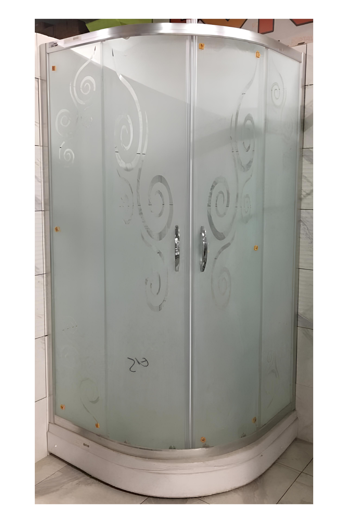 90X90 OVAL H:180 5 MM DESENLİ TEMPERLİ SATİNE ÇİÇEK DESENLİ KABİN