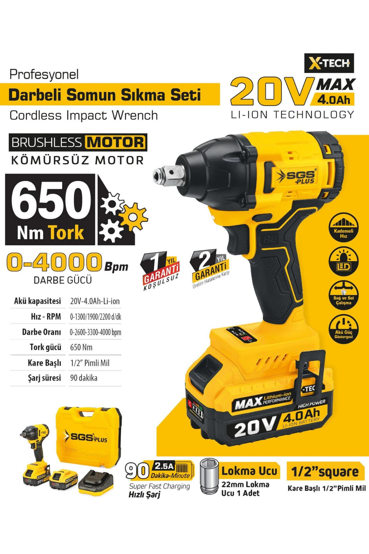DARBELİ SOMUN SIKMA SETİ 650 NM TORK 1x4.0 AH (KÖMÜRSÜZ MOTOR)