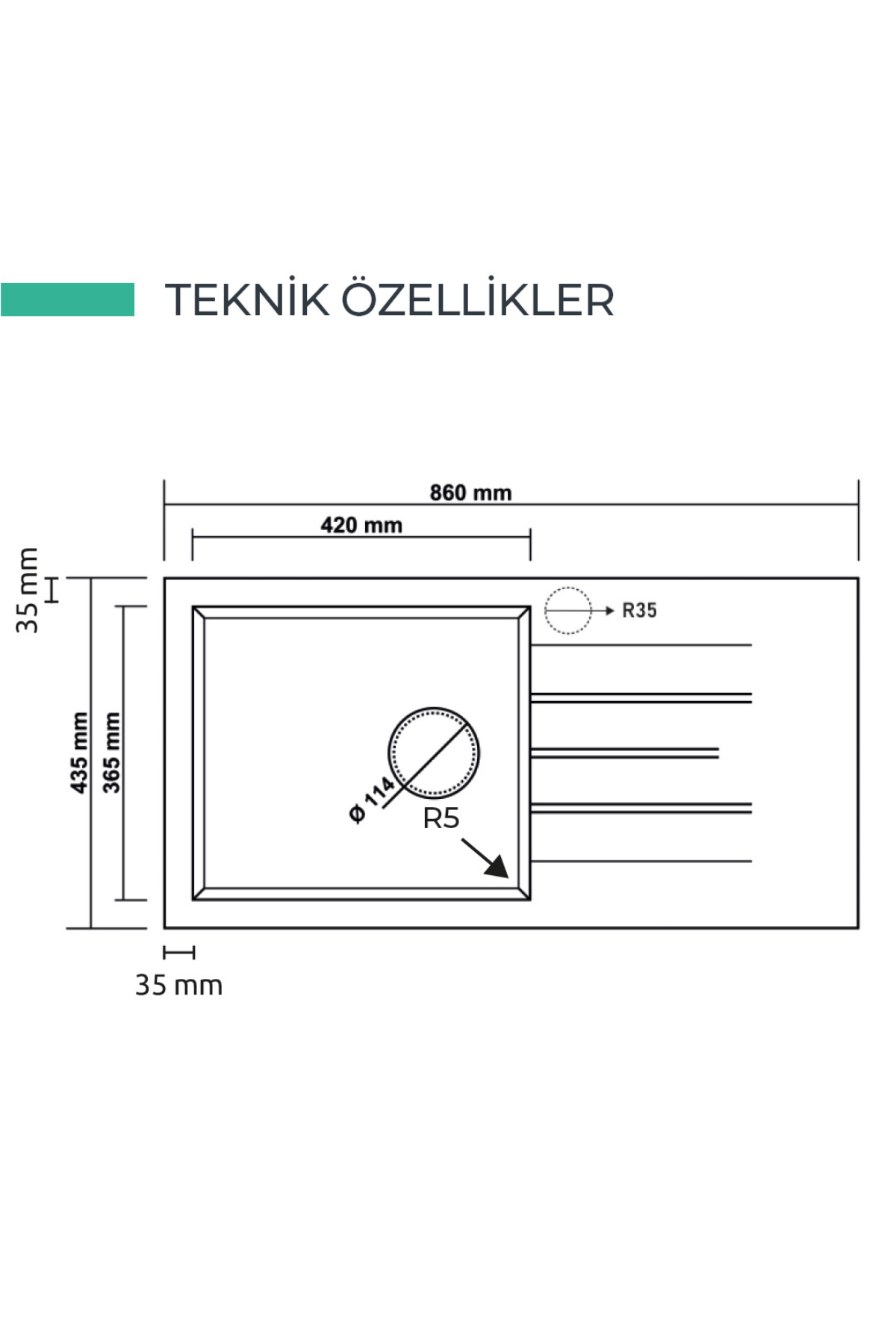 REALSTONE ANTRASİT P11 ASSOS 86 XL 860X435  DAMLALIKLI GRANİT EVİYE