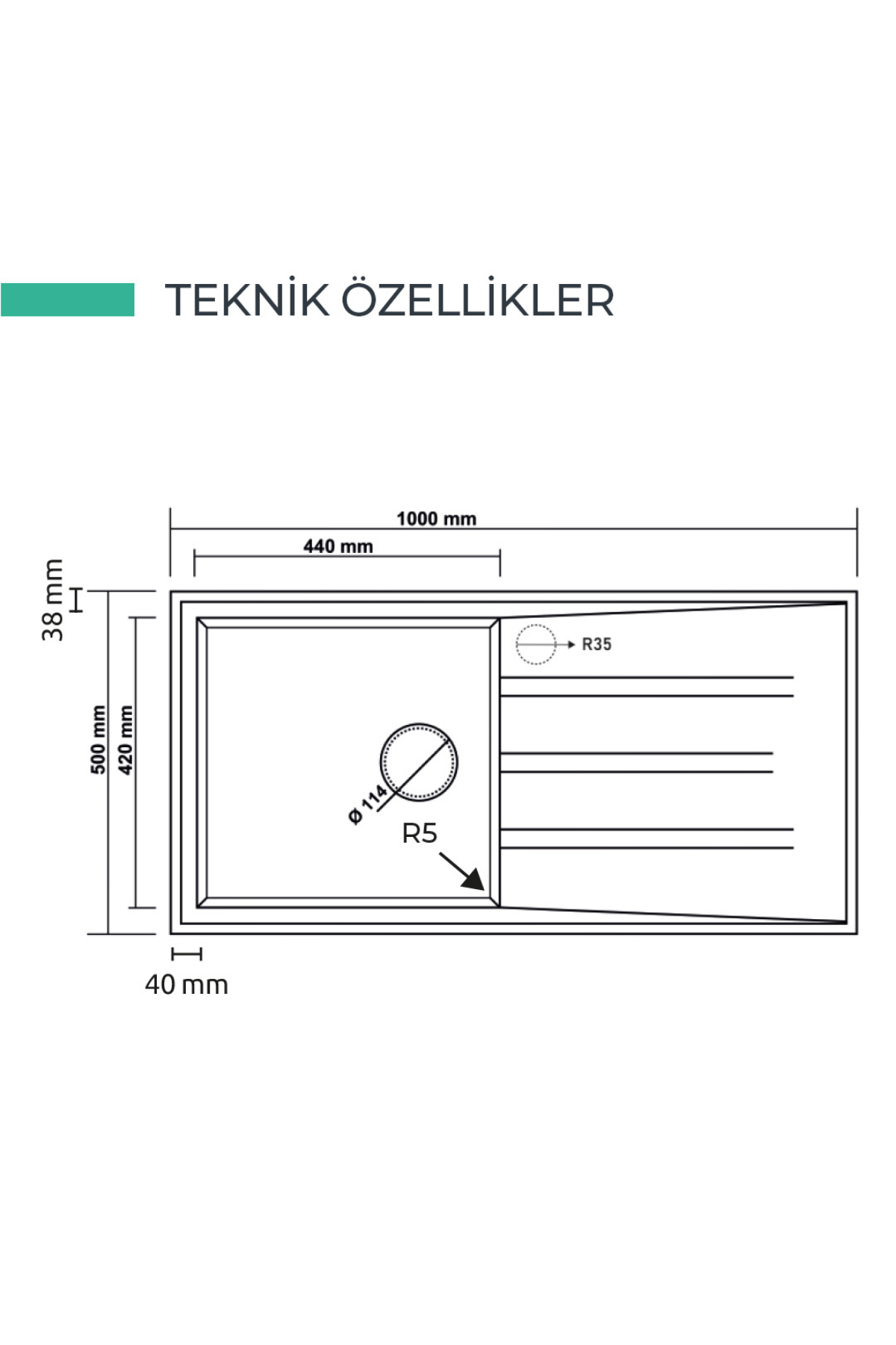 REALSTONE ANTRASİT P12 EFES 100 1000X500 DAMLALIKLI GRANİT EVİYE
