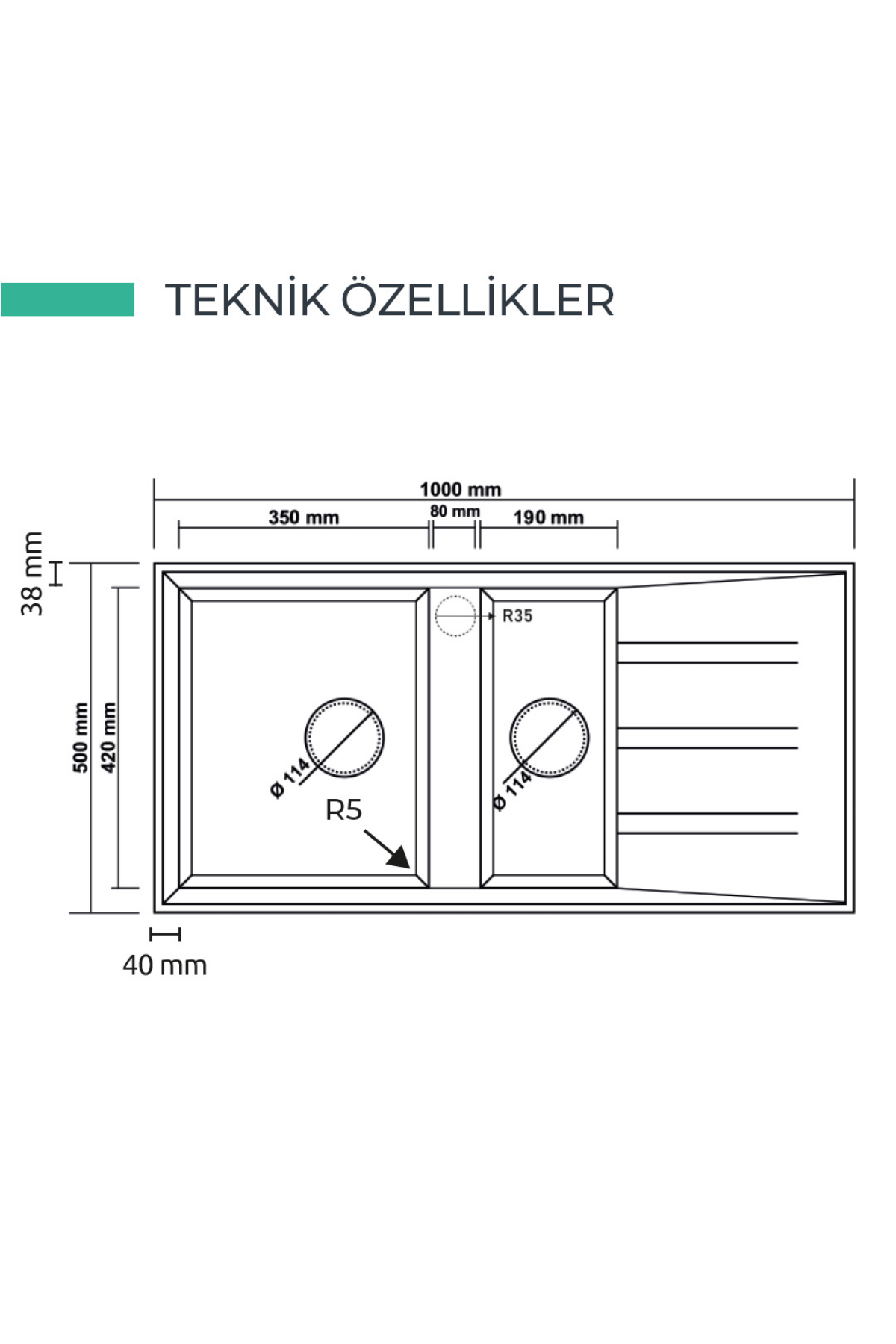 REALSTONE ANTRASİT P13 SALDA 100 1000X500 1.5 GÖZ DAMLALIKLI GRANİT EVİYE