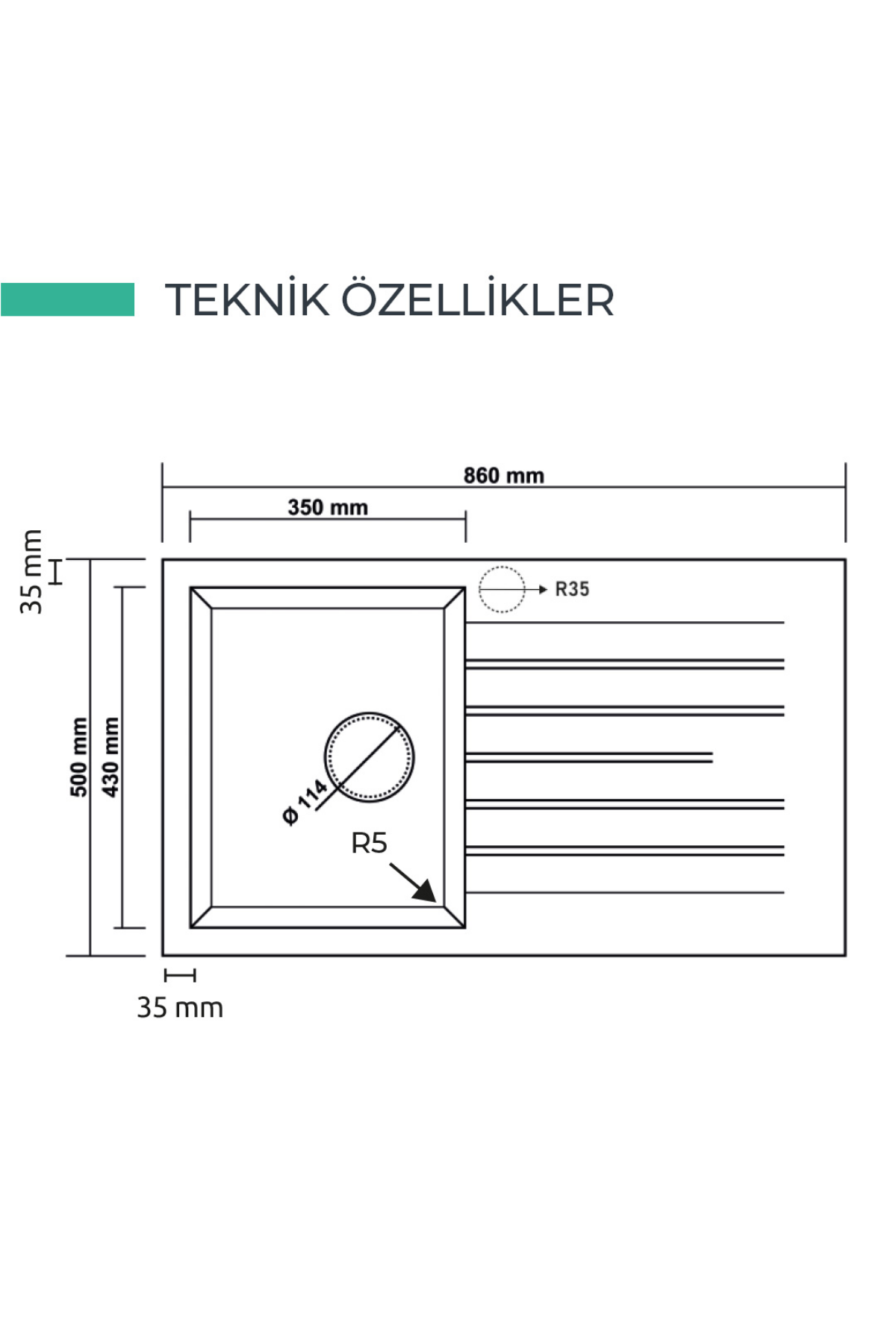 REALSTONE  P04 TROYA ANTRASİT 860X500  DAMLALIKLI GRANİT EVİYE