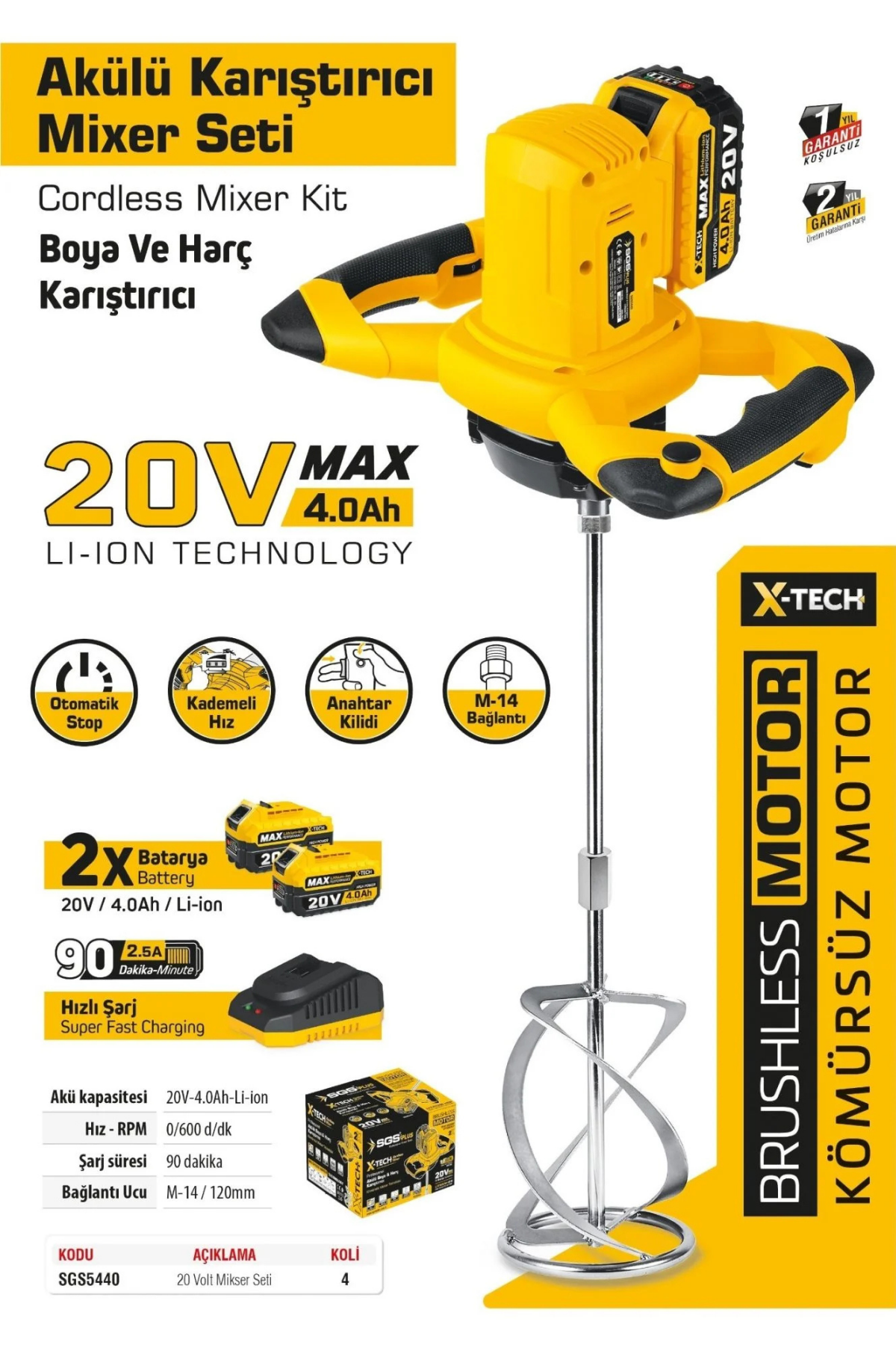 SGS AKÜLÜ KARIŞTIRICI MİXER 20 V (2X4.0 A) KÖMÜRSÜZ MOTOR