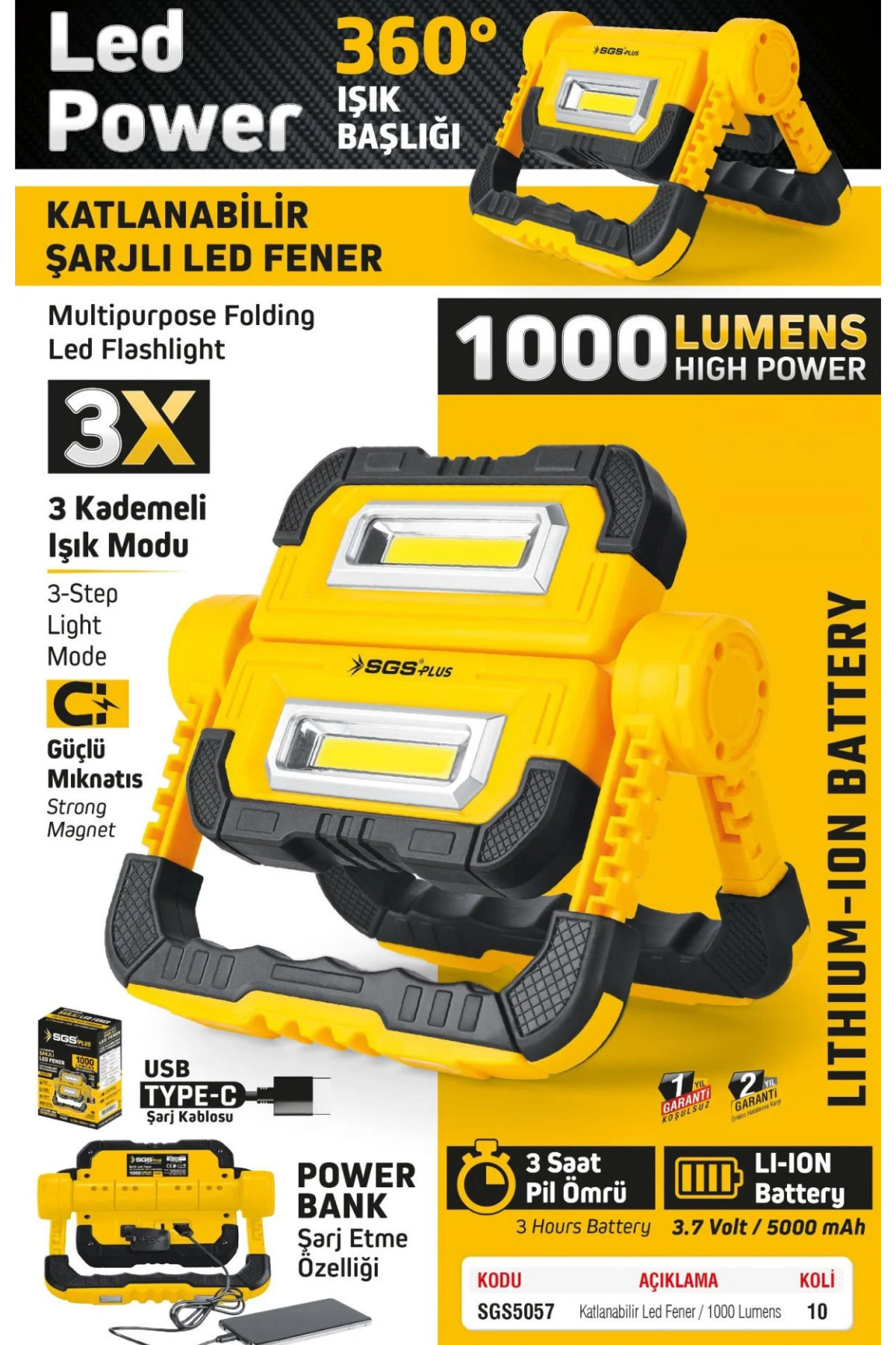 SGS ŞARJLI LED ÇALIŞMA LAMBASI (3.7 VOLT & 5000 mAh) 1000 LÜMEN