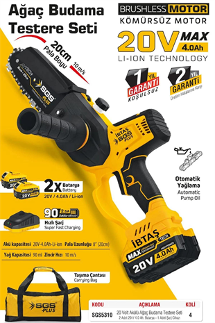 AĞAÇ BUDAMA TESTERESİ 200 MM 20 VOLT 2X4.0 AH