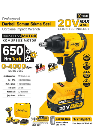 DARBELİ SOMUN SIKMA SETİ 650 NM TORK 1x4.0 AH (KÖMÜRSÜZ MOTOR)
