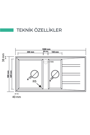 REALSTONE ANTRASİT P13 SALDA 100 1000X500 1.5 GÖZ DAMLALIKLI GRANİT EVİYE