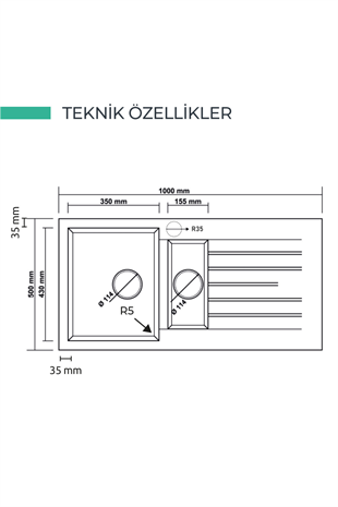 REALSTONE SİYAH  P05 TROYA 100  1000X500 1.5 GÖZ DAMLALIKLI GRANİT EVİYE