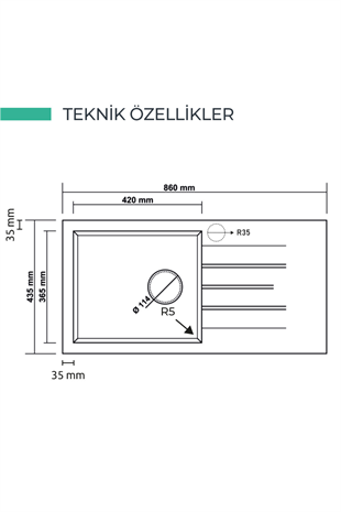 REALSTONE SİYAH P11 ASSOS 86 XL 860X435  DAMLALIKLI GRANİT EVİYE