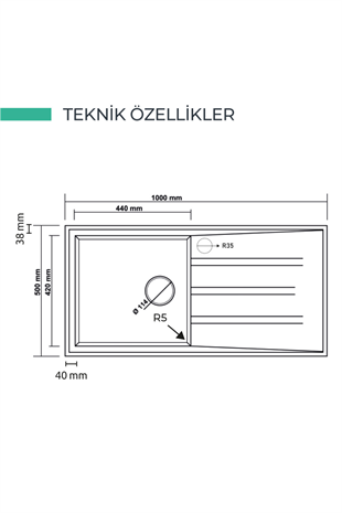 REALSTONE SİYAH P12 EFES 100 1000X500 DAMLALIKLI GRANİT EVİYE