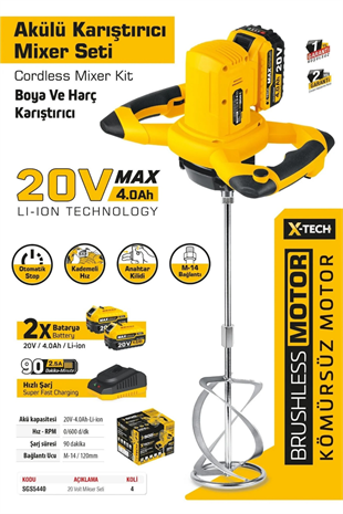 SGS AKÜLÜ KARIŞTIRICI MİXER 20 V (2X4.0 A) KÖMÜRSÜZ MOTOR