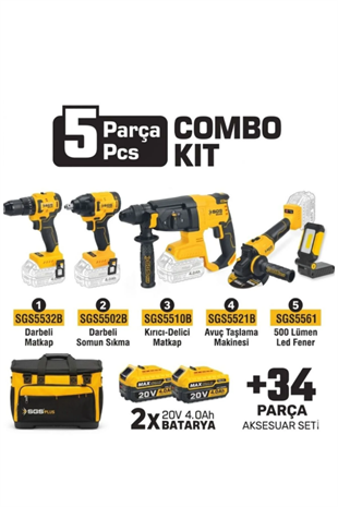 SGS COMBO SET 5 PARÇA (Darbeli Matkap/Kırıcı-Delici Matkap/Avuç Taslama Makinesi/Darbeli Somun Sıkma/Led Fener)