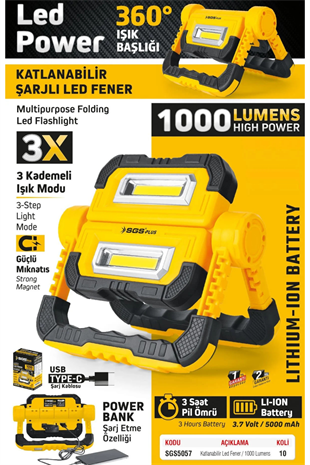 SGS ŞARJLI LED ÇALIŞMA LAMBASI (3.7 VOLT & 5000 mAh) 1000 LÜMEN