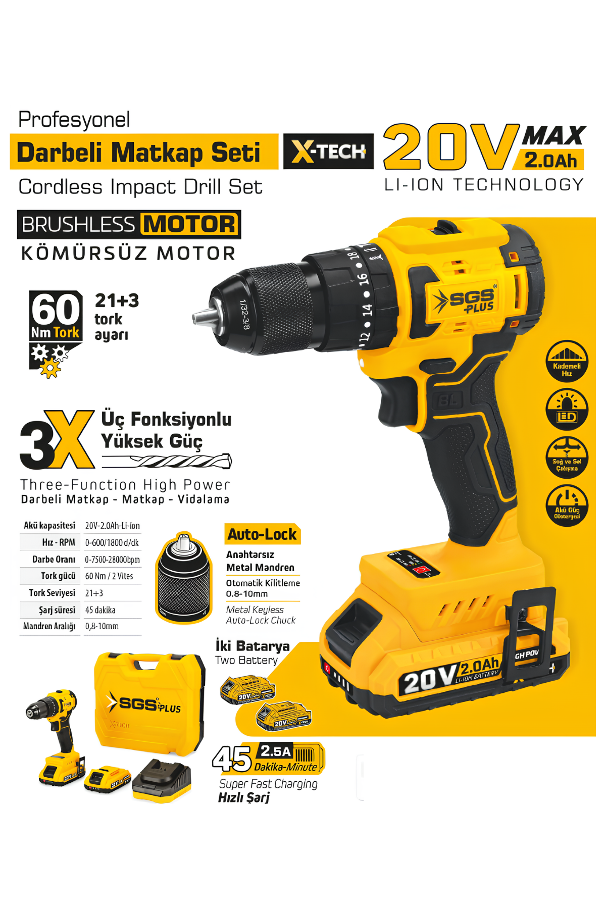 DARBELİ MATKAP SETİ 20 VOLT 60Nm (2.0Ah) (KÖMÜRSÜZ MOTOR)