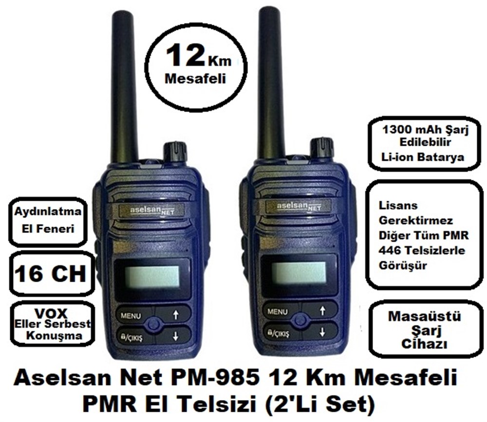 Aselsan PM985 12Km Açık Alan Mesafeli Pmr El Telsizi (2'li Set)