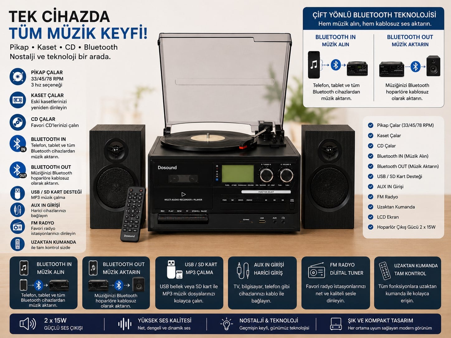 Dosound TR-18 Ahşap Hoparlörlü Pikap Çalar Kaset CD Bluetooth USB SD Müzik Sistemi