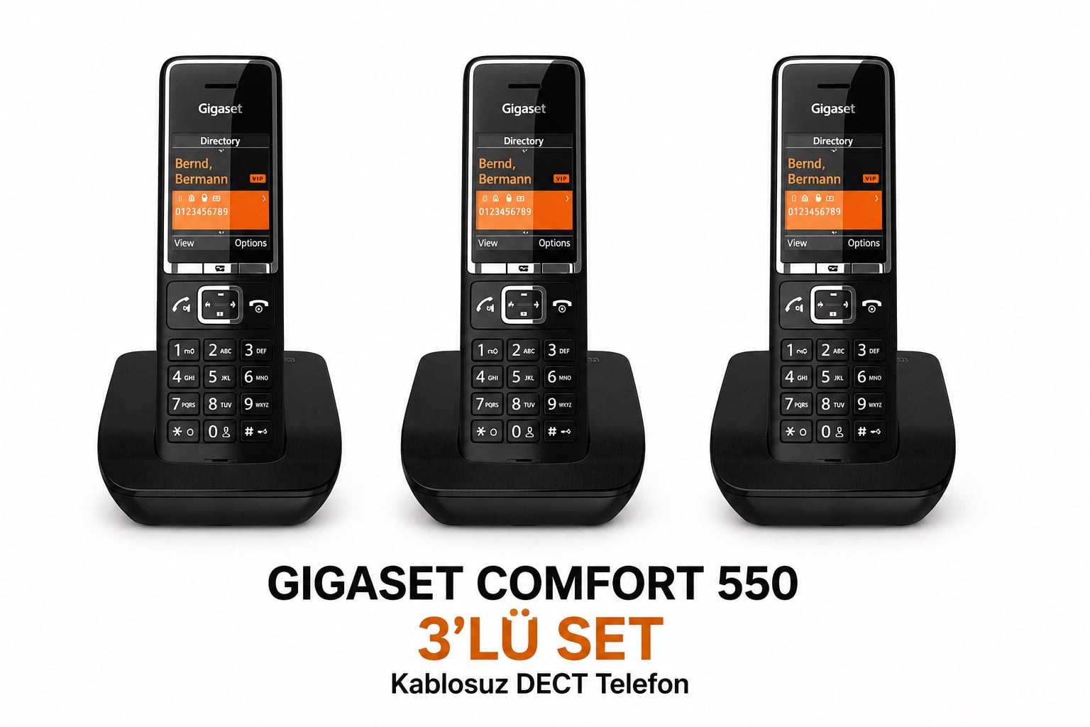 Gigaset Comfort 550 Siyah DECT Telefon 3'lü Set – Renkli Ekranlı Kablosuz Ev ve Ofis Telefonu