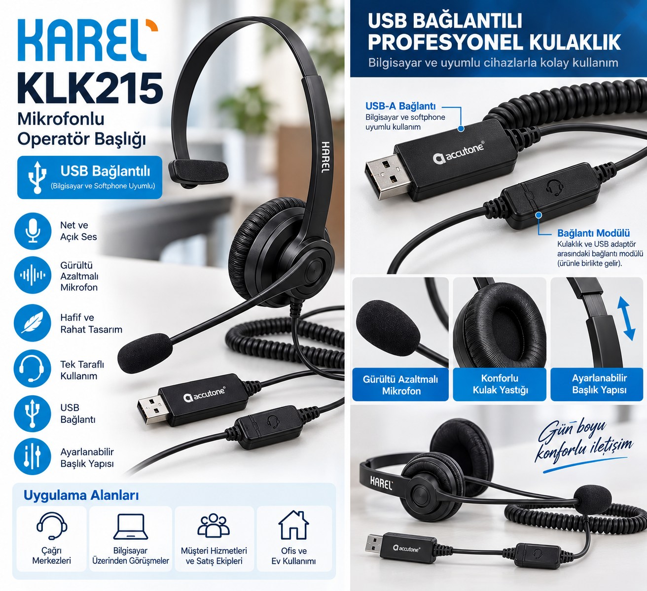KAREL KLK215 USB Mikrofonlu Operatör Başlığı – USB Bağlantılı Profesyonel Kulaklık