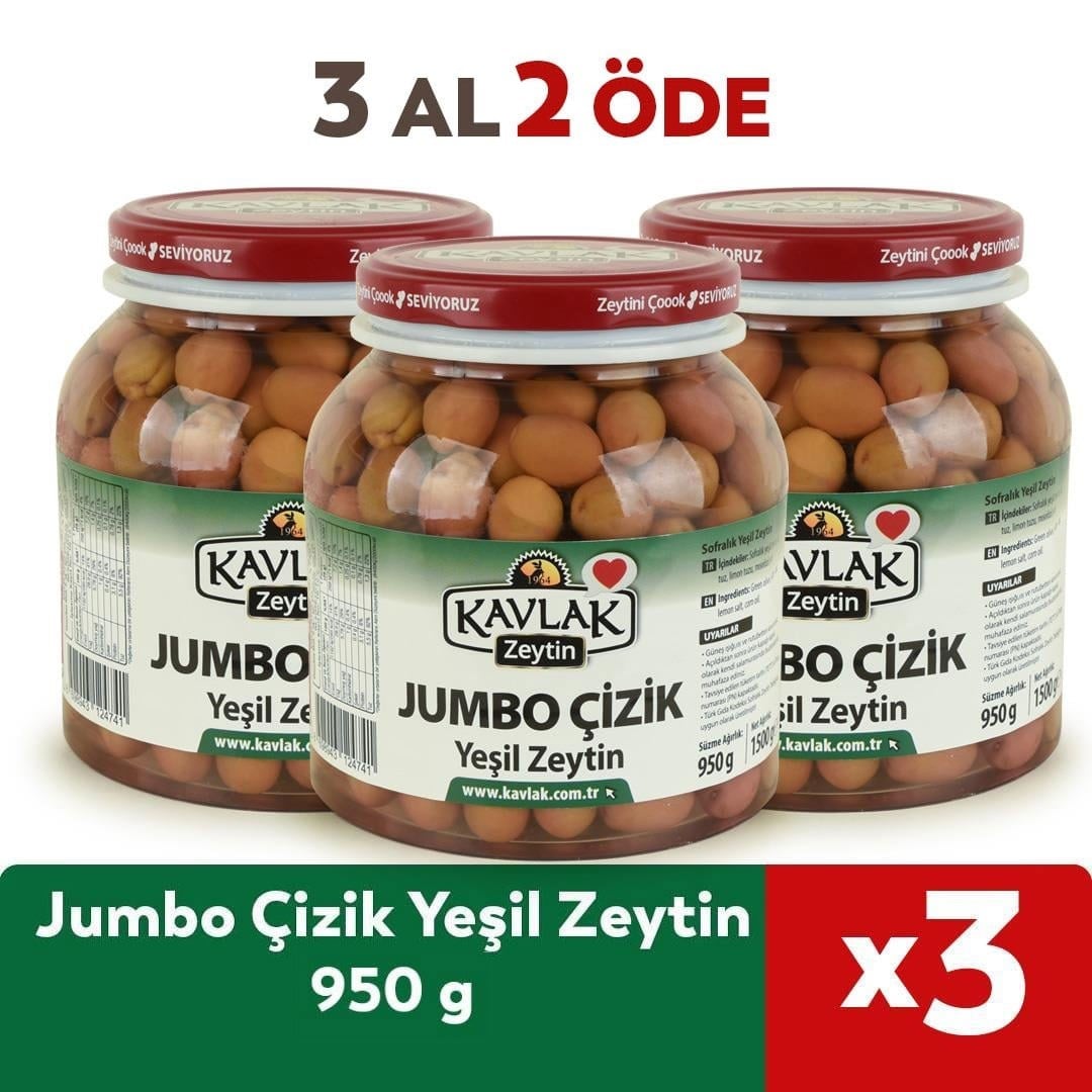 Jumbo Çizik Yeşil Zeytin 950 Gr 3 Al 2 Öde