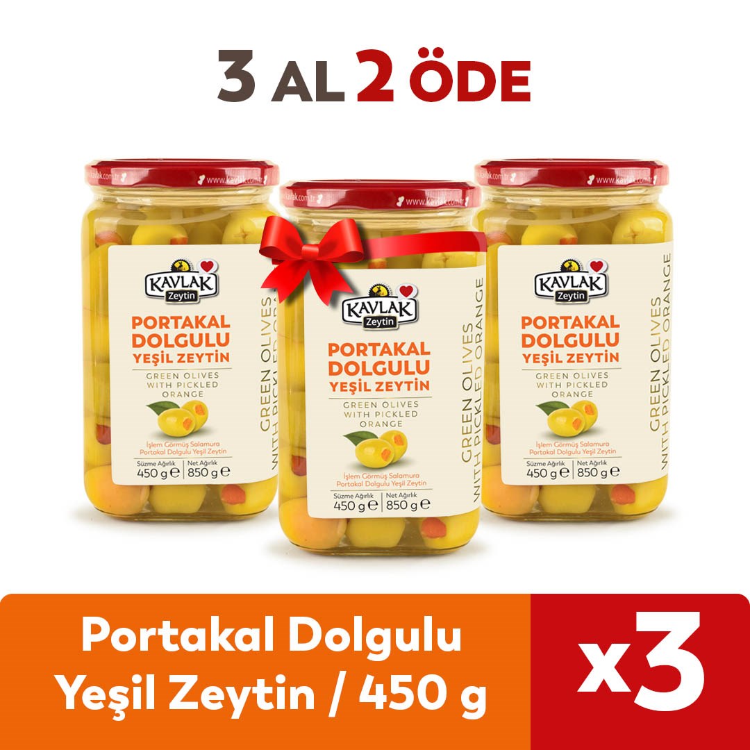 Portakal Dolgulu Yeşil Zeytin Cam Kavanoz 450gr 3 Al 2 Öde
