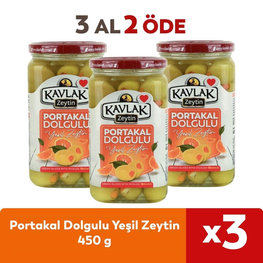 Portakal Dolgulu Yeşil Zeytin Cam Kavanoz 450gr 3 Al 2 Öde