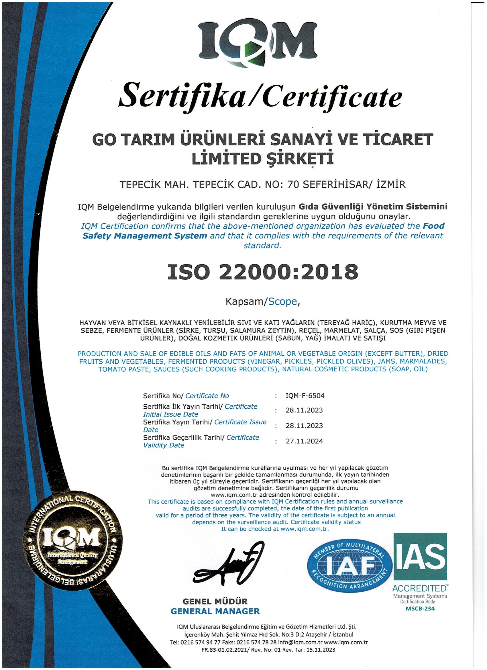 ISO 22000-2018 Gıda Güvenliği Yönetim Sistemi