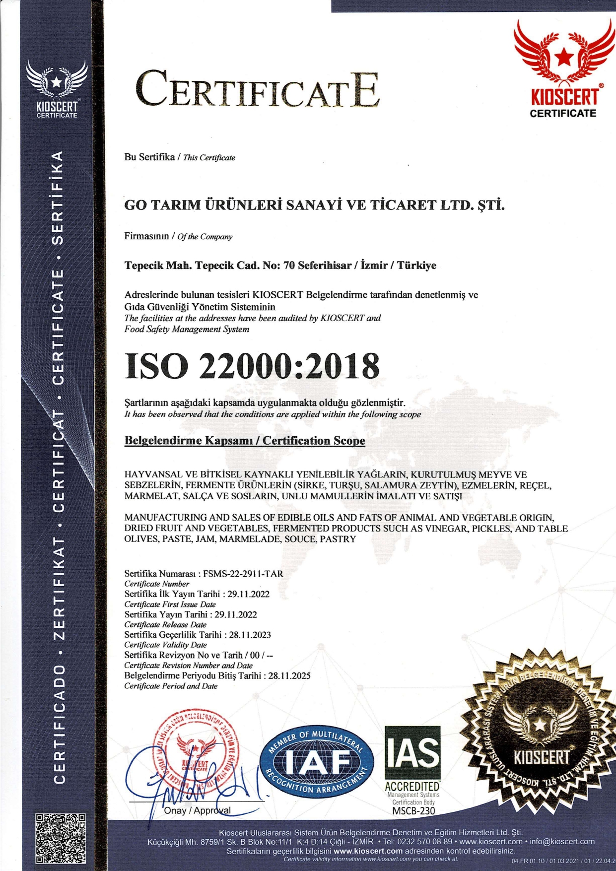 ISO 22000-2018 Gıda Güvenliği Yönetim Sistemi