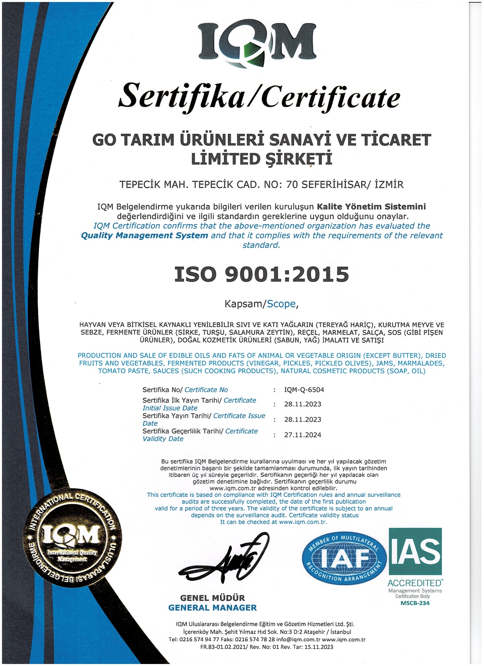 ISO 9001:2015 Kalite Yönetim Sistemi