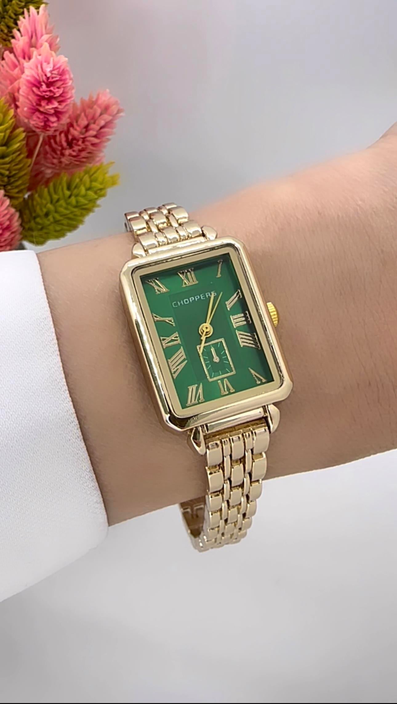Dikdörtgen Yeşil Gold Saat