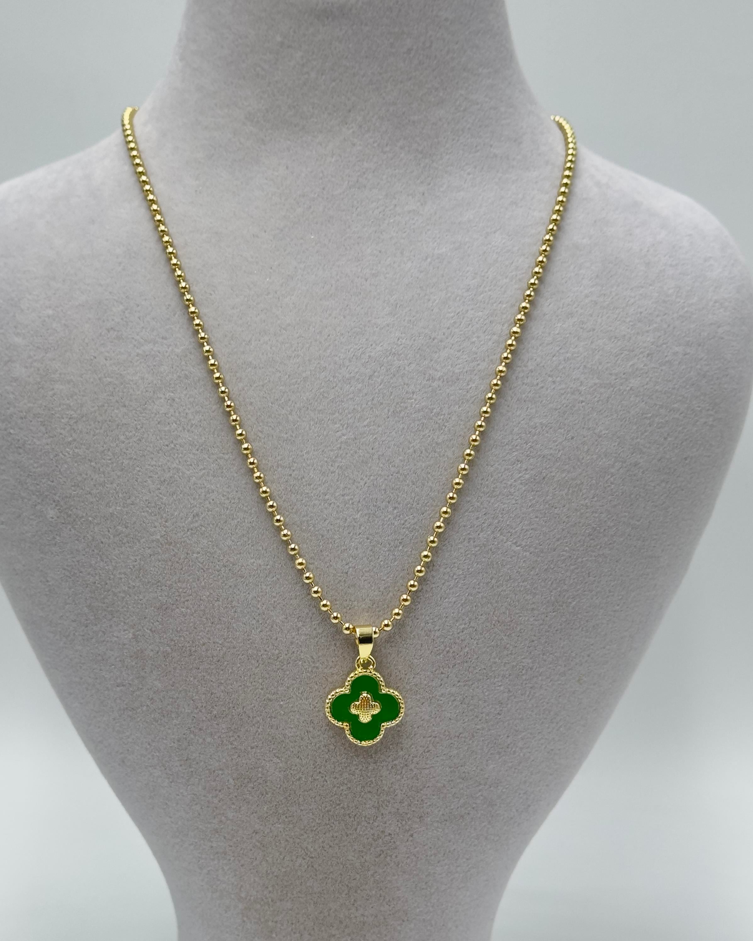 Vp 14 K Altın Kaplama Dorikalı Yeşil Yoncalı Kolye 45cm