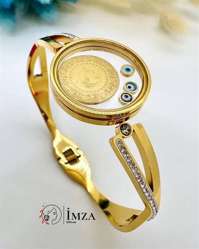 Çelik Altın Kaplama Cam Çerçeveli Açılmaz  Altınlı Kelepçe