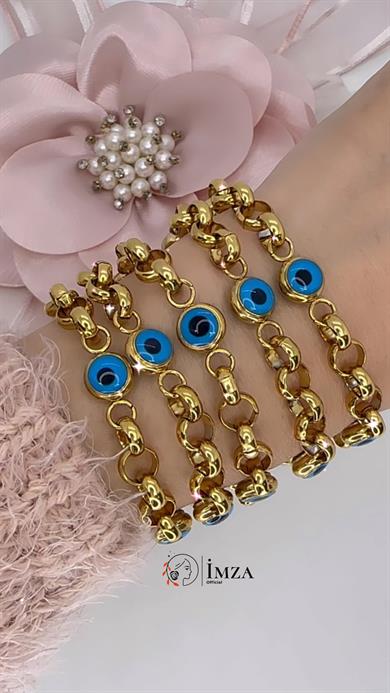 Çelik Altın Kapla Nazarlı Gold Bileklik