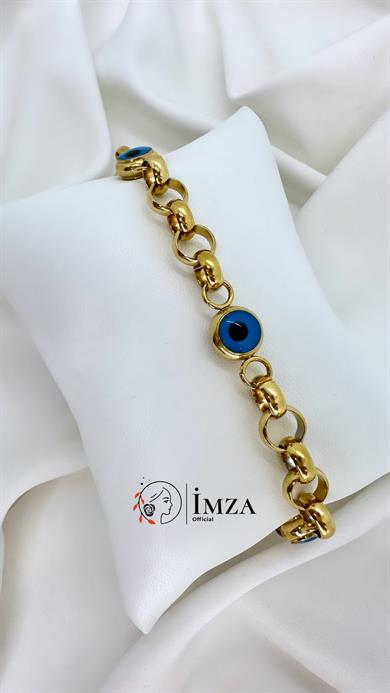 Çelik Altın Kapla Nazarlı Gold Bileklik