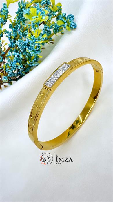 Çelik Altın Kaplama Yonca Desenli Taşlı Kelepçe Bileklik