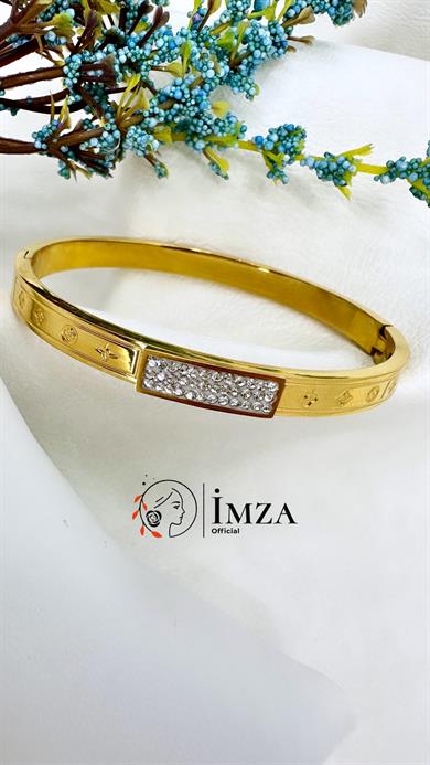 Çelik Altın Kaplama Yonca Desenli Taşlı Kelepçe Bileklik