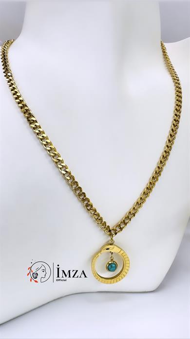 Çelik Firuze Detaylı Yılan Kolye