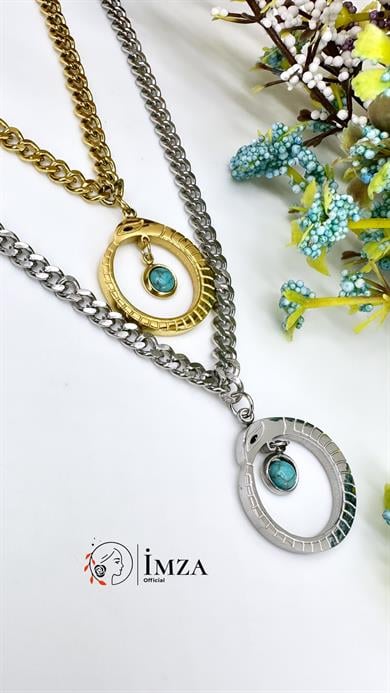 Çelik Firuze Detaylı Yılan Kolye