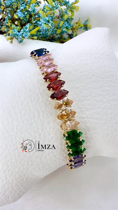 Çelik Oval Renkli Zirkon Taşlı Yaylı Halka Formunda Bileklik