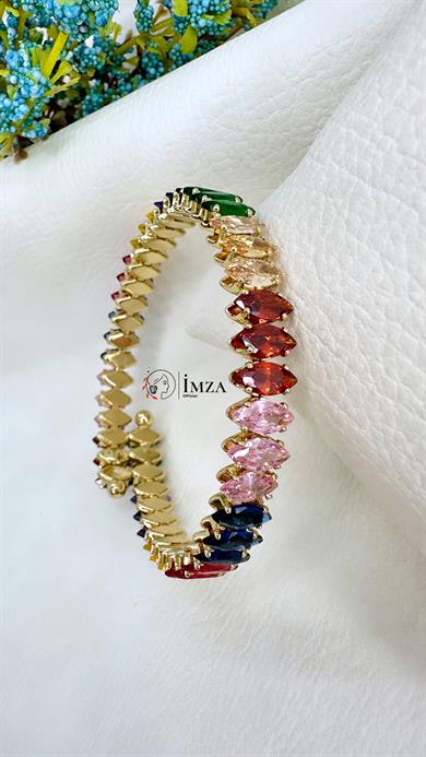 Çelik Oval Renkli Zirkon Taşlı Yaylı Halka Formunda Bileklik