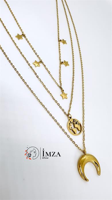 Çelik Üçlü Gezegen Kolye ( Kararmaz Antialerjik )