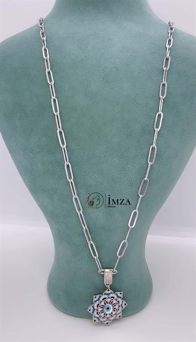 Çelik Uzun Silver Göz Çiçek Kolye