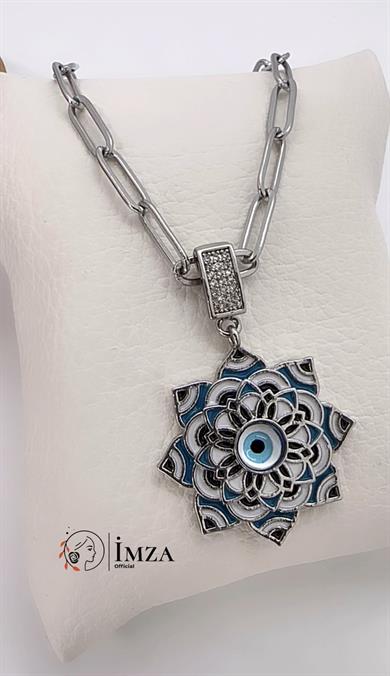 Çelik Uzun Silver Göz Çiçek Kolye