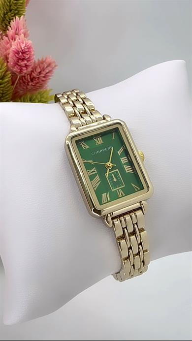Dikdörtgen Yeşil Gold Saat