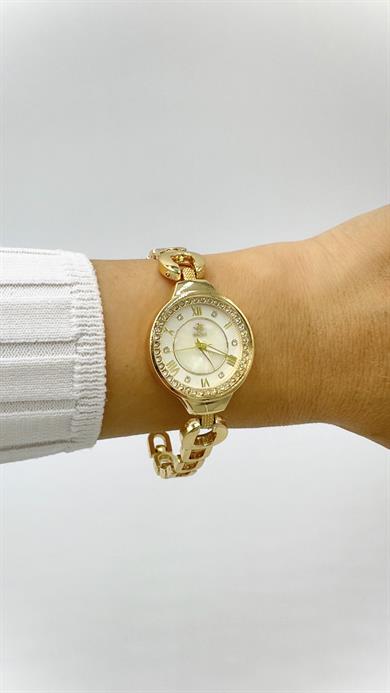 Gold Carrie Marka Model Taşlı Beyaz Kadranlı Saat