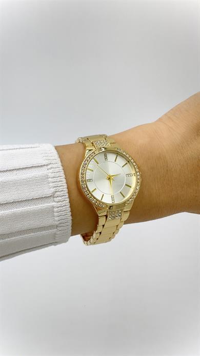 Gold Model Taşlı Beyaz Kadranlı Saat