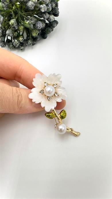 İncili Çiçek Model Broş