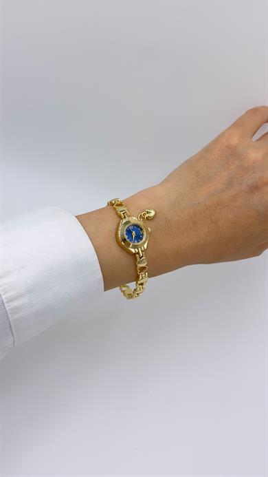 Kalpli  Kordonlu Yuvarlak Lacivert Kadranlı Charmlı Saat