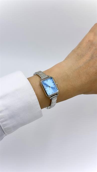 Kare Sılver Mavi Kadranlı Numunatıon Kordonlu  Saat