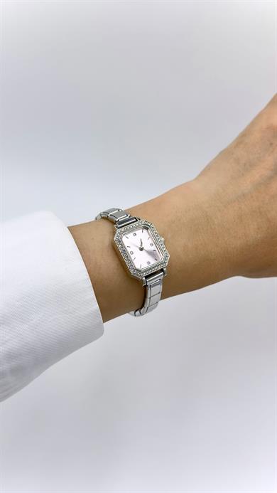 Kare Sılver Taşlı Pembe Kadranlı Numunatıon Kordonlu  Saat